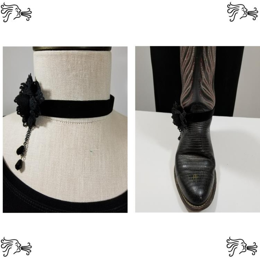Black Velvet Fabric Ros Boot Bling Necklace Choker
